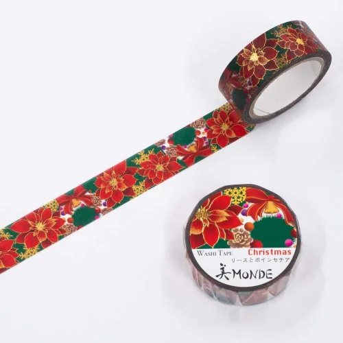 Kamiiso - Cinta adhesiva Monde - Cinta washi (0.591 in) estampado de papel de aluminio - Corona de Pascua de Navidad - para álbumes de recortes,