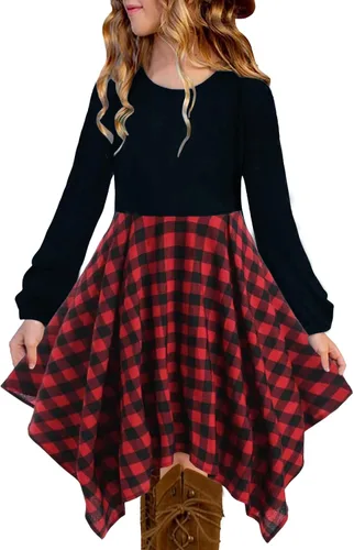 KYMIDY Vestido midi alto y bajo para niñas, de manga larga, estilo bohemio, con vuelo, casual, con bolsillos, para niños de 6 a 12 años