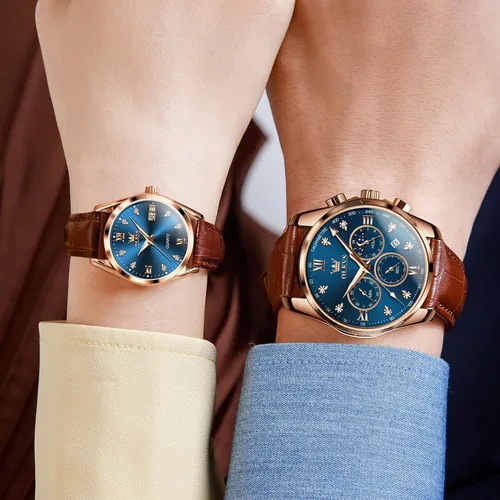 Miniatura 13 de OLEVS Juego de 2 relojes de cuarzo para parejas de San Valentín, para él y ella, cronógrafo de cuero, con diamantes para hombres, mujeres, amantes