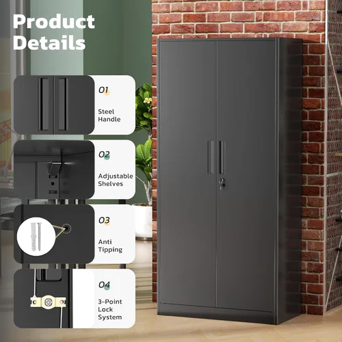 Miniatura 4 de Greenvelly Armario de almacenamiento de metal con cerradura, gabinete de almacenamiento cerrado negro de 72 pulgadas con 2 puertas y 4 estantes