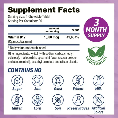 Miniatura 2 de Dr's Hope Vitamina B12-1000 mcg, 90 cápsulas masticables Aumenta el metabolismo, la producción de energía, el apoyo del sistema nervioso 90