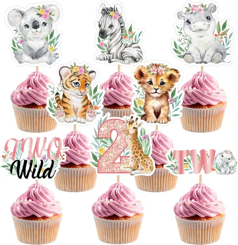 Miniatura 8 de Weecent 48 adornos para cupcakes salvajes, dos decoraciones de cumpleaños salvajes para niños, decoración de tartas de animales de la selva, Dos