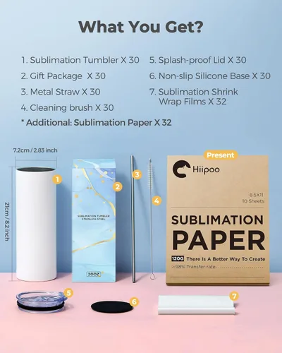 Miniatura 2 de Hiipoo Paquete de 30 vasos de sublimación en blanco de 20 onzas rectos y delgados con papeles de sublimación, tapas y pajitas, películas envolventes
