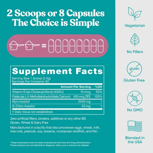 Miniatura 6 de Regulate MAX Myo-Inositol & D-Chiro Inositol Suplemento en polvo para mujeres con vitamina D y folato apoyo nutricional sin sabor, 60 porciones