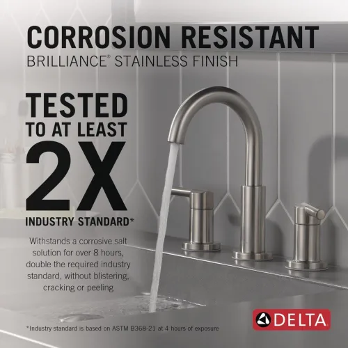 Miniatura 2 de Delta Nicoli Grifo de Níquel Cepillado de 3 Agujeros, Grifo de Lavabo de Baño Tipo Widespread de 8 Pulgadas para Tocador, Ensamblaje de Drenaje