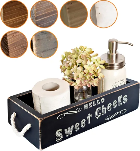 Miniatura 6 de MAINEVENT - Caja de decoración de baño con frase "Hello Sweet Cheeks", una caja con diseño en 2 lados, organizador de baño de estilo granja Blanco