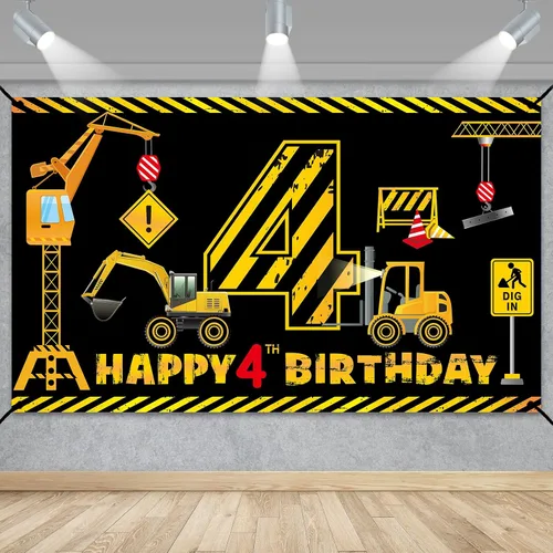Miniatura 5 de Decoraciones de primer cumpleaños para niños, tema de excavadora y camión volquete, decoraciones de banner de primer cumpleaños, banner de Negro 1st