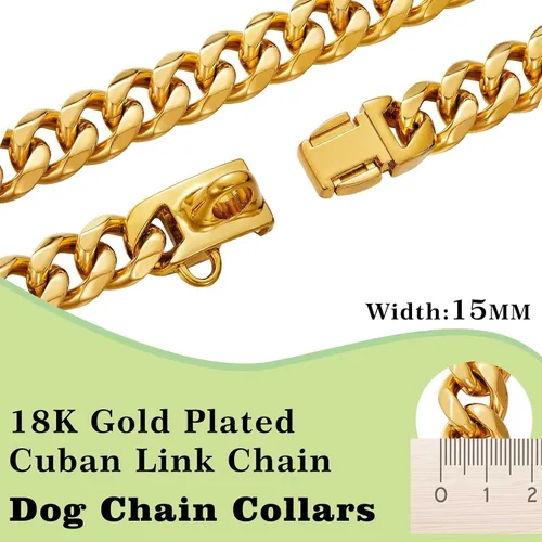 Miniatura 3 de Collares para perros de acero inoxidable plateado dorado con cierre de seguridad, collar de cadena tipo cubano de 18K para entrenamiento, collar Oro