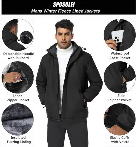 Miniatura 5 de SPOSULEI - Chaquetas de esquí para hombre con capucha, chaquetas de snowboard, impermeables, forro de vellón, abrigos con bolsillos múltiples