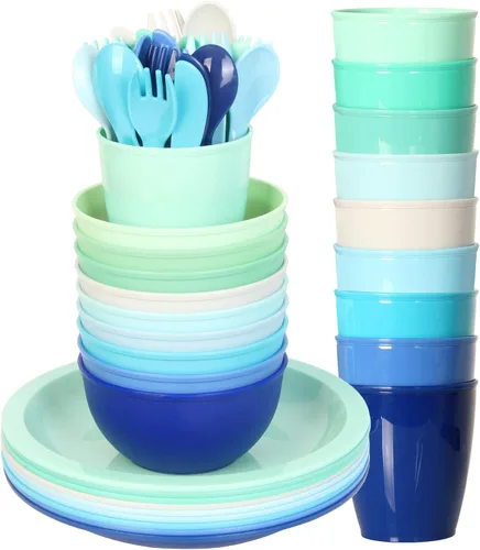 Youngever Juego de 9 vajilla de plástico de 54 piezas, colores costeros, juego de comedor para niños pequeños, vasos, platos, cuencos, juego de