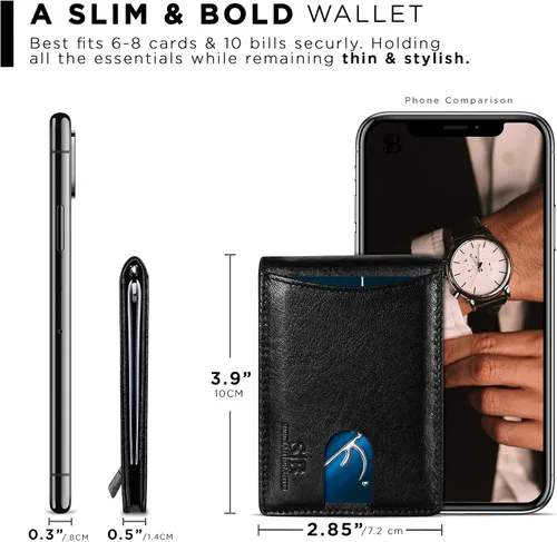 Miniatura 65 de SERMAN BRANDS - Billetera sencilla de cuero genuino con bloqueo RFID para hombre, billetera delgada con bolsillo frontal y clip para dinero
