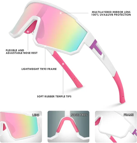 Miniatura 6 de MVPTGRS Gafas de sol deportivas para niños y niñas de 8 a 14 años, marco TR90, para béisbol, softbol, ciclismo, golf Lentes rosadas con montura