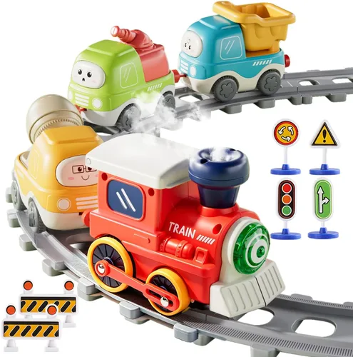 Miniatura 4 de Juego de tren eléctrico para niños pequeños, juguetes de tren con luces, sonido musical realista, espray de vapor, señal de tráfico, conexión