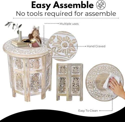 Miniatura 4 de Mesa auxiliar en madera de mango - Mesa auxiliar de madera maciza artesanal, mesa de acento tallada para decoración de sala de estar, dormitorio