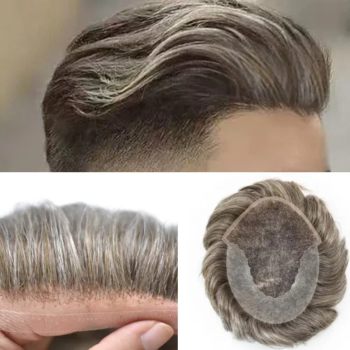Miniatura 86 de Mens Toupee Swiss Lace Mens Hair Piece Sistema de reemplazo de cabello para hombres Toupee para hombres Cabello humano nudo blanqueado protesis