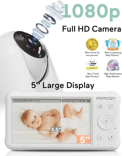 Miniatura 2 de Momcozy Monitor de bebé con 2 cámaras de 5 pulgadas, 1080P, pantalla dividida, video, monitor de bebé con cámara y audio, sin WiFi para seguridad