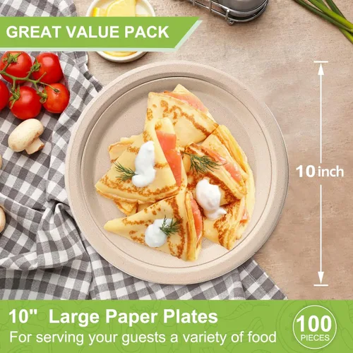Miniatura 3 de Platos compostables de 10 pulgadas, paquete de 100, ecológicos, resistentes, platos marrones grandes