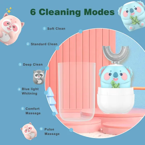 Miniatura 4 de Cepillo de dientes eléctrico para niños, cepillo de dientes en forma de U, cepillo automático sónico para niños con 5 cabezales de cepillo, 6 modos