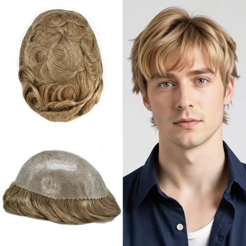 Miniatura 7 de Peluca completa de poliuretano para hombre, sistemas de reemplazo de cabello humano, piel fina y duradera, para hombre, prótesis de cabello