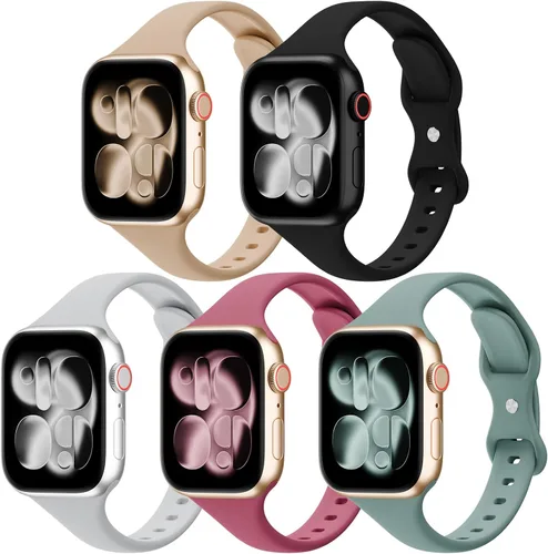 Miniatura 14 de Paquete de 5 bandas de silicona delgadas compatibles con Apple Watch de 38mm 42mm 40mm 44mm 41mm 45mm 46mm 49mm, correa deportiva estrecha y delgada