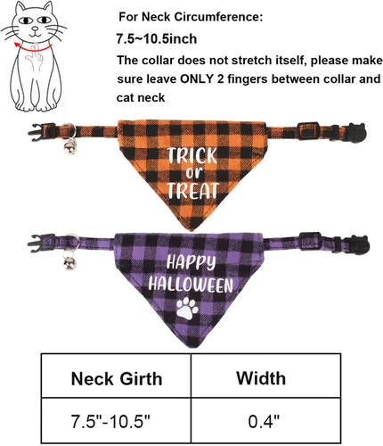 Miniatura 6 de ADOGGYGO Collares de gato de Halloween separables con campana, paquete de 2 collares ajustables de cuadros naranja y morado de Halloween para gatos