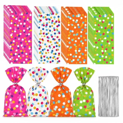 Pajean 100 piezas de bolsas de celofán para dulces, bolsas de caramelos con lunares y estrellas de fiesta con 100 lazos giratorios, tema de