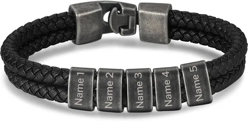 Pulsera personalizada con nombre para hombre, pulsera de cuero personalizada para hombre con 2-5 cuentas vintage grabadas con nombres de familia,