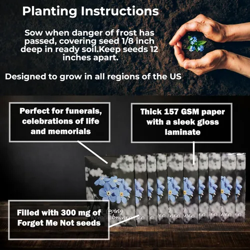 Miniatura 3 de 50 paquetes de semillas premium prellenadas de Forget Me Not de calidad superior para recuerdos de funerales, decoraciones para funerales