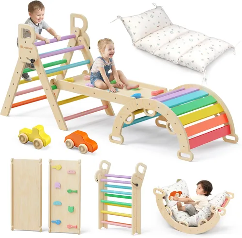 BlueWood Conjunto de Triángulo Pikler con Cojín - Juguetes de Escalada para Niños Pequeños 9-en-1, Gimnasio de Juegos con Filosofía Montessori con