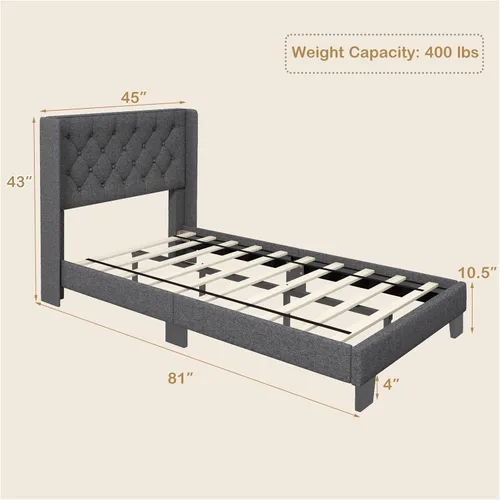 Miniatura 2 de Giantex Base de cama individual para niños, cama tapizada de tela moderna con cabecera capitoné con botones en la parte trasera de alas, base