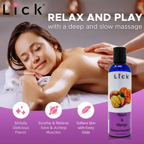 Miniatura 5 de Lick Aceite de masaje con sabor a mango de durazno – Aceite de masaje comestible de mezcla tropical jugosa con vitamina E, ligero deslizamiento