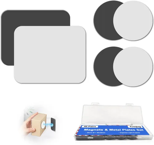 Miniatura 10 de Towjug Imanes adhesivos flexibles y placas redondas de metal, 56 puntos magnéticos adhesivos con calcomanías de hierro para manualidades