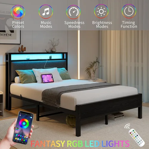 Miniatura 4 de Base de cama de tamaño matrimonial con luces LED, cabecera tapizada con estantes de almacenamiento y estación de carga, base de colchón LED