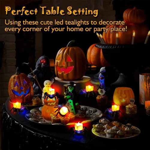 Miniatura 6 de Paquete de 6 velas LED sin llama de Halloween, velas LED de araña 3D con luz amarilla y morada cálida brillante, funciona con pilas, luces LED