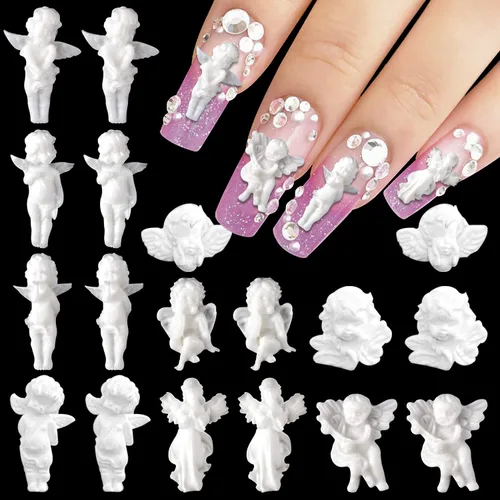 WOKOTO 90 dijes de uñas de ángel en relieve blanco para uñas acrílicas 3D Angel Baby Nail Art Charms Retro Barroco Cupido Diseños Accesorios de Arte