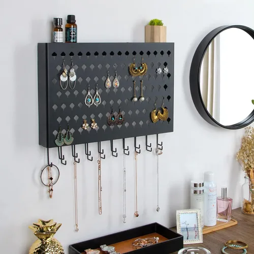 Miniatura 2 de JackCubeDesign MK329A - Organizador de joyas montado en la pared, collar y aretes, soporte para pulsera con 109 agujeros y 19 ganchos
