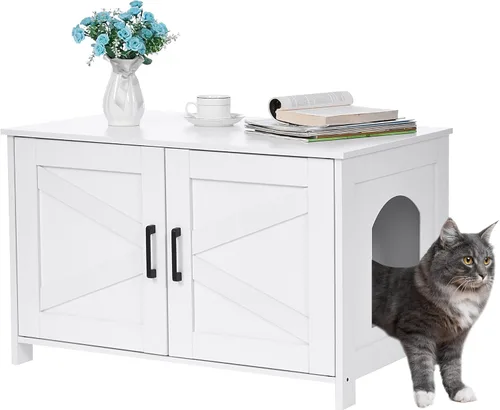 Miniatura 9 de Caja de arena para gatos Homhedy, mueble de baño de madera para gatos con puerta de granero, casa para mascotas, se adapta a la mayoría de las cajas