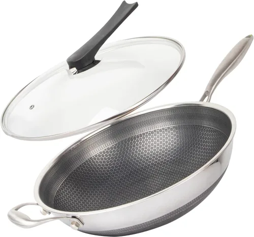 Wok antiadherente de panal de abeja de 14 pulgadas de acero inoxidable con tapa, sartén con mango que se mantiene fresco, libre de PFOA, adecuado