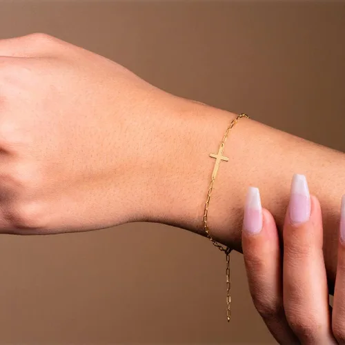 Miniatura 3 de Pulsera de cadena de clip con cruz lateral de oro amarillo de 14 quilates con cierre de langosta