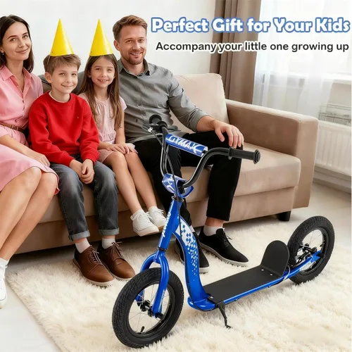 Miniatura 9 de GYMAX Patinete, Patinete de Empuje para Adultos, Adolescentes, Niños con Manubrio Ajustable, Ruedas Inflables de 12 Pulgadas, Freno de Pinza