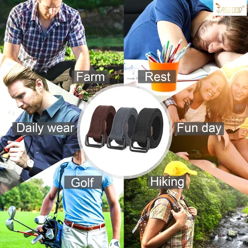 Miniatura 7 de JASGOOD Cinturones de tela de lona para hombre, cinturones casuales de tela con hebilla de doble anillo negro, paquete de 2