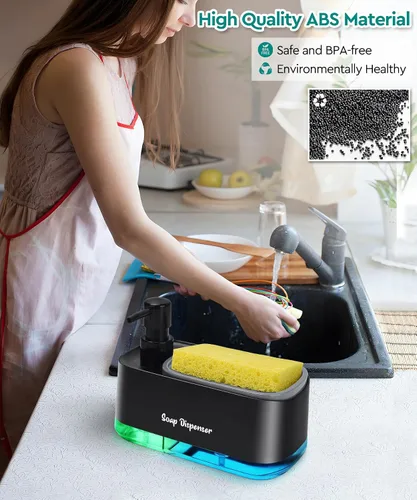 Miniatura 3 de Juego de dispensador de jabón para platos de cocina, dispensador de jabón para platos y manos con soporte para esponja, esponja de encimera 3 en 1