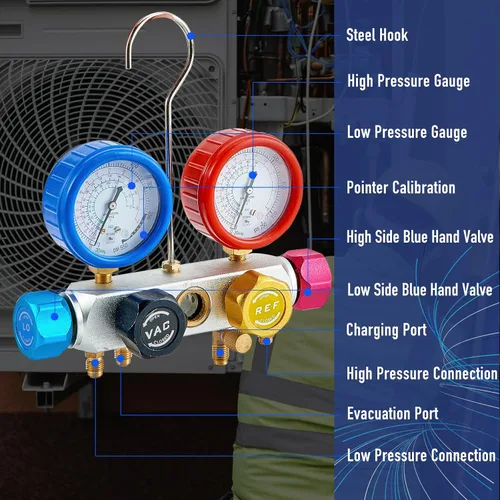 Miniatura 4 de BACOENG Bomba de vacío de AC y juego de manómetros, kit de bomba de vacío HVAC de 4 vías para refrigerantes R134a R410a R22, con acopladores rápidos