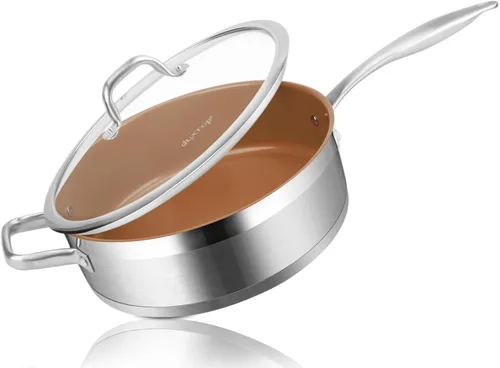 Miniatura 8 de Duxtop Sartén antiadherente de cerámica, sartén de acero inoxidable de inducción, sartén profunda de 5.5 cuartos de galón con tapa, grado Marrón