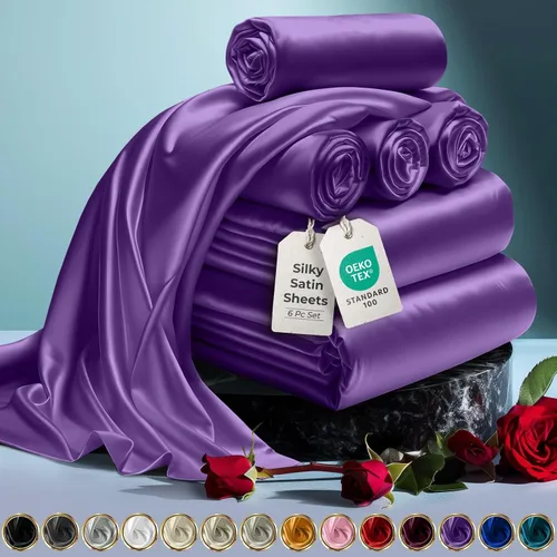 Miniatura 32 de DECOLURE Sábanas de satén para cama - Juego de 6 piezas de ropa de cama de lujo sedosa tamaño King - Más suave que la seda, sin arrugas con sábana