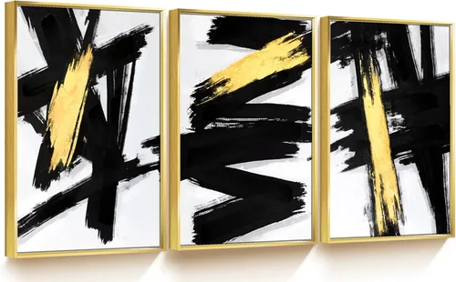 Sofoney - Lienzo abstracto enmarcado en oro negro y dorado, impresiones artísticas 3D texturizadas con pinceladas negras con lámina dorada,