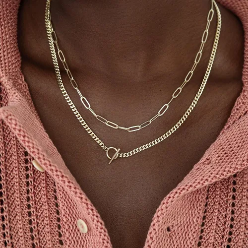 Miniatura 3 de CHESKY Collares de oro en capas para mujer, collar de cadena de oro delicado de 14 quilates para mujer, cadena de clip de eslabones cubanos de moda