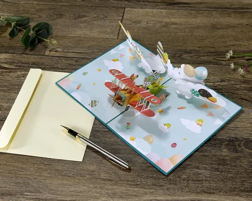 Miniatura 5 de ETA Tarjeta desplegable de Pascua 3D, conejito de Pascua en un avión, tarjeta de felicitación festiva, linda, divertida, tarjeta desplegable