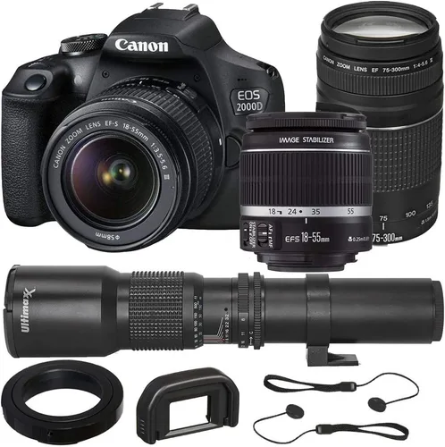 Canon EOS 2000D (T7) EF-S 0.709-2.165 in III Kit con lente Canon EF 2.953-11.811 in f/4-5.6 III y paquete de accesorios básicos para lentes