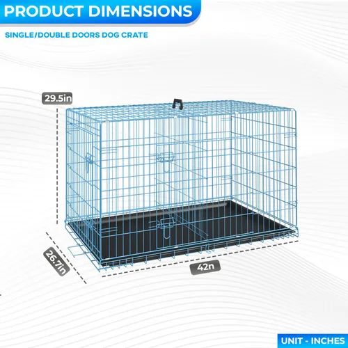 Miniatura 7 de FDW Jaula para perros grandes de 42 pulgadas plegable de metal con alambre para mascotas, doble puerta con panel divisor para interiores y Azul